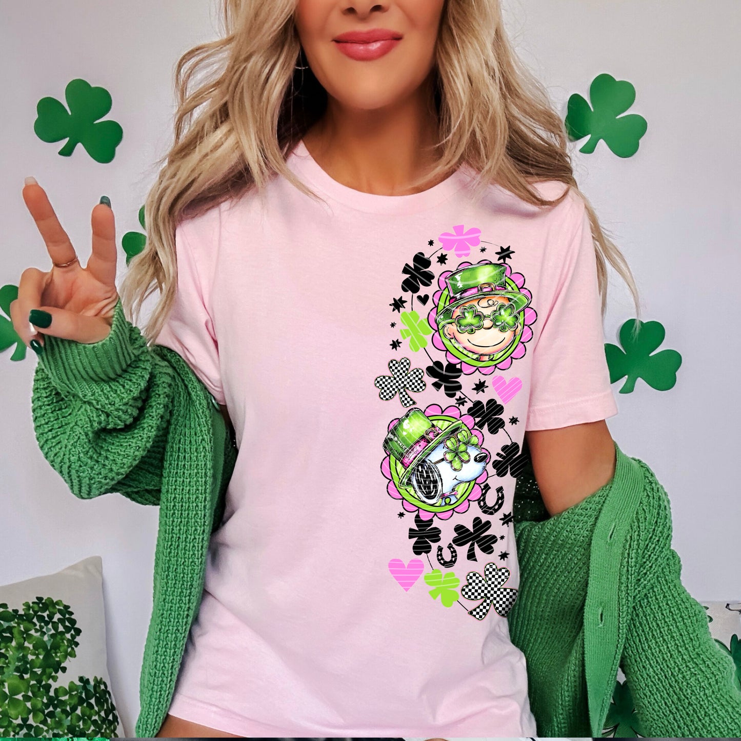 Lucky Clover Cartoon Character Tee Pink