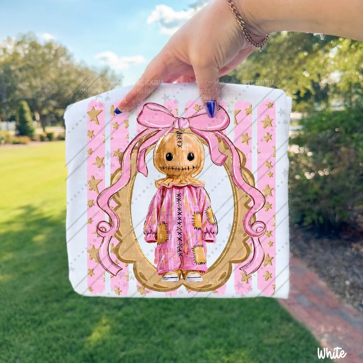 Stitched Pumpkin Doll Pink Bow Frame