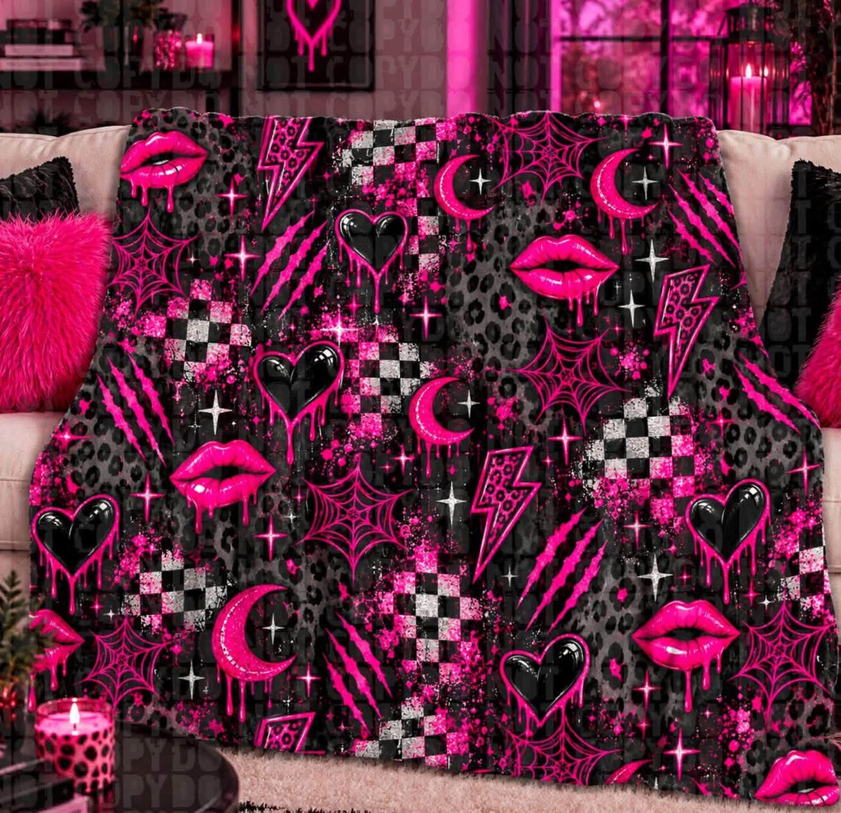 Hot Pink Goth Lips Spiderweb Blanket