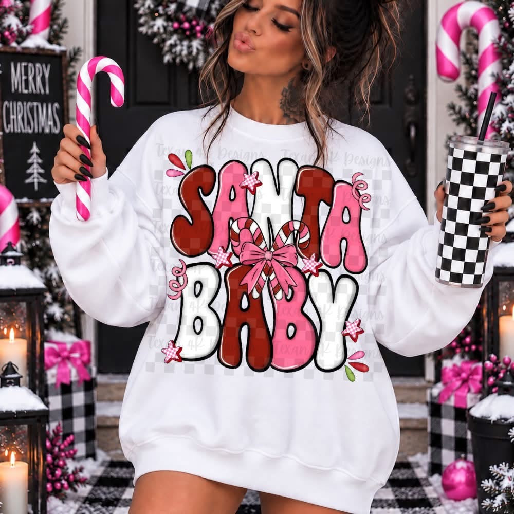 Santa Baby Pink Bow DTF transfer