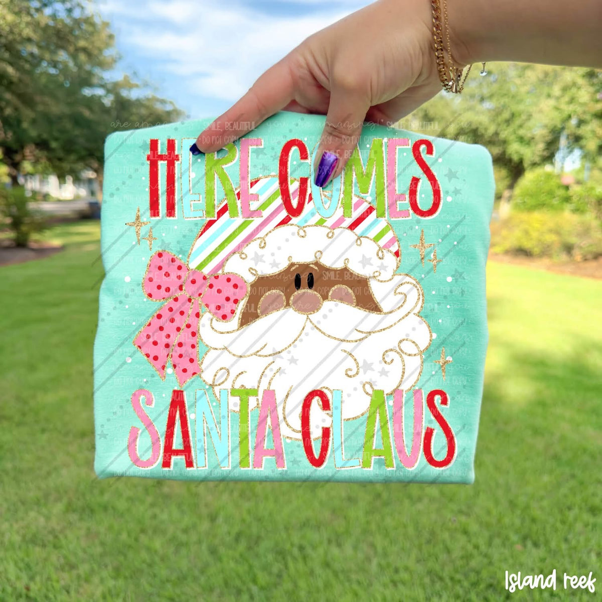 Here Comes Santa Claus pastel brown Santa with pink bow DTF transfer
