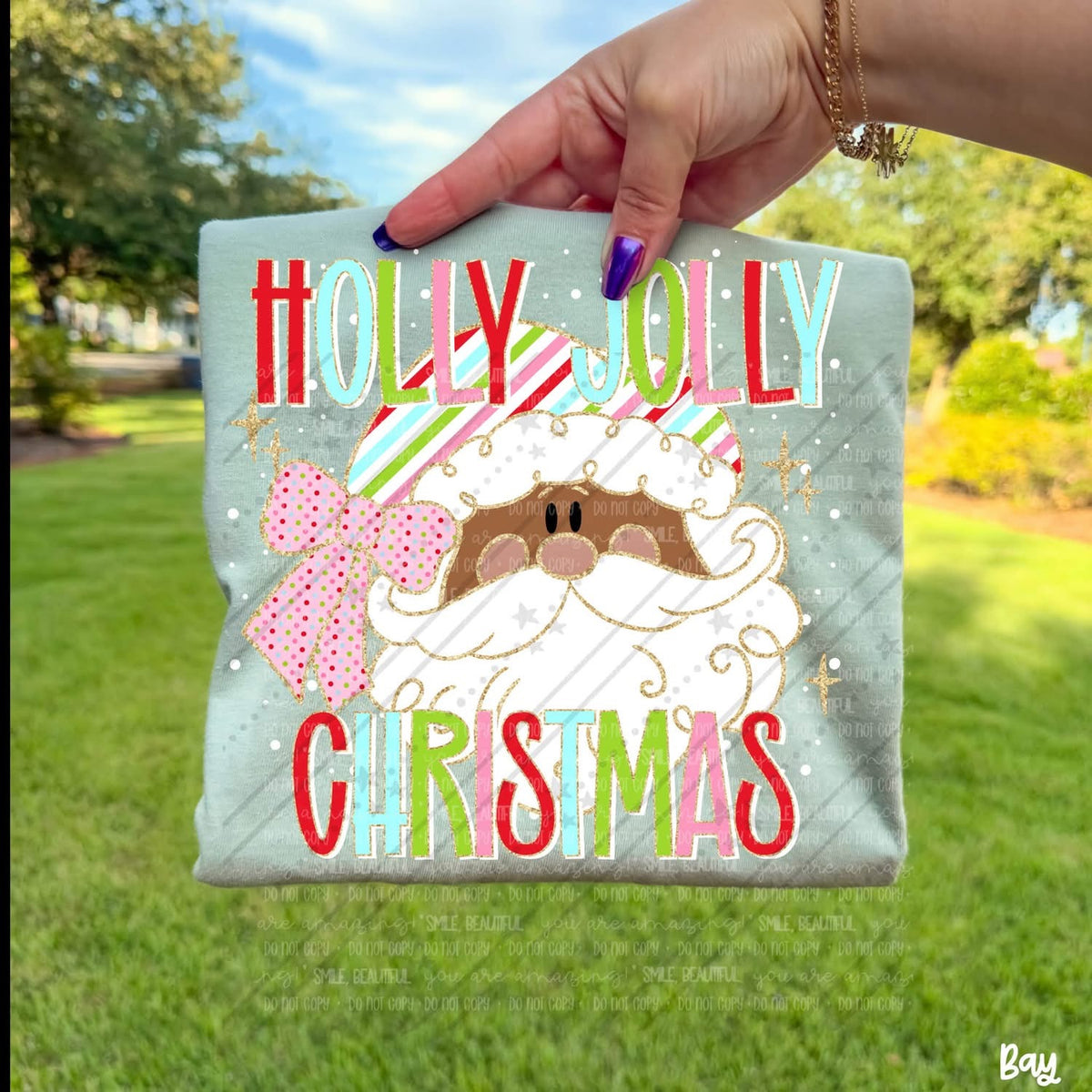 Holly Jolly Christmas pastel brown Santa with pink bow DTF transfer
