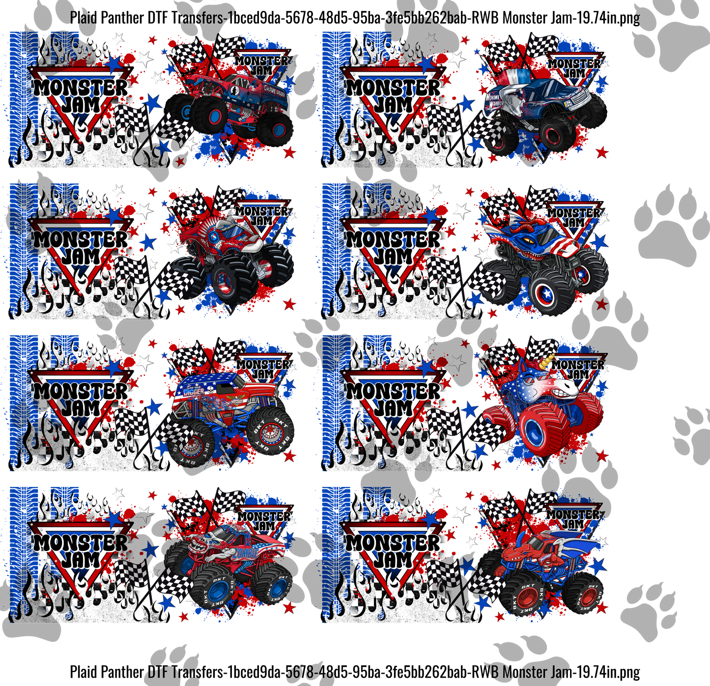 Red White Blue Monster Jam UVDTF Gangsheet