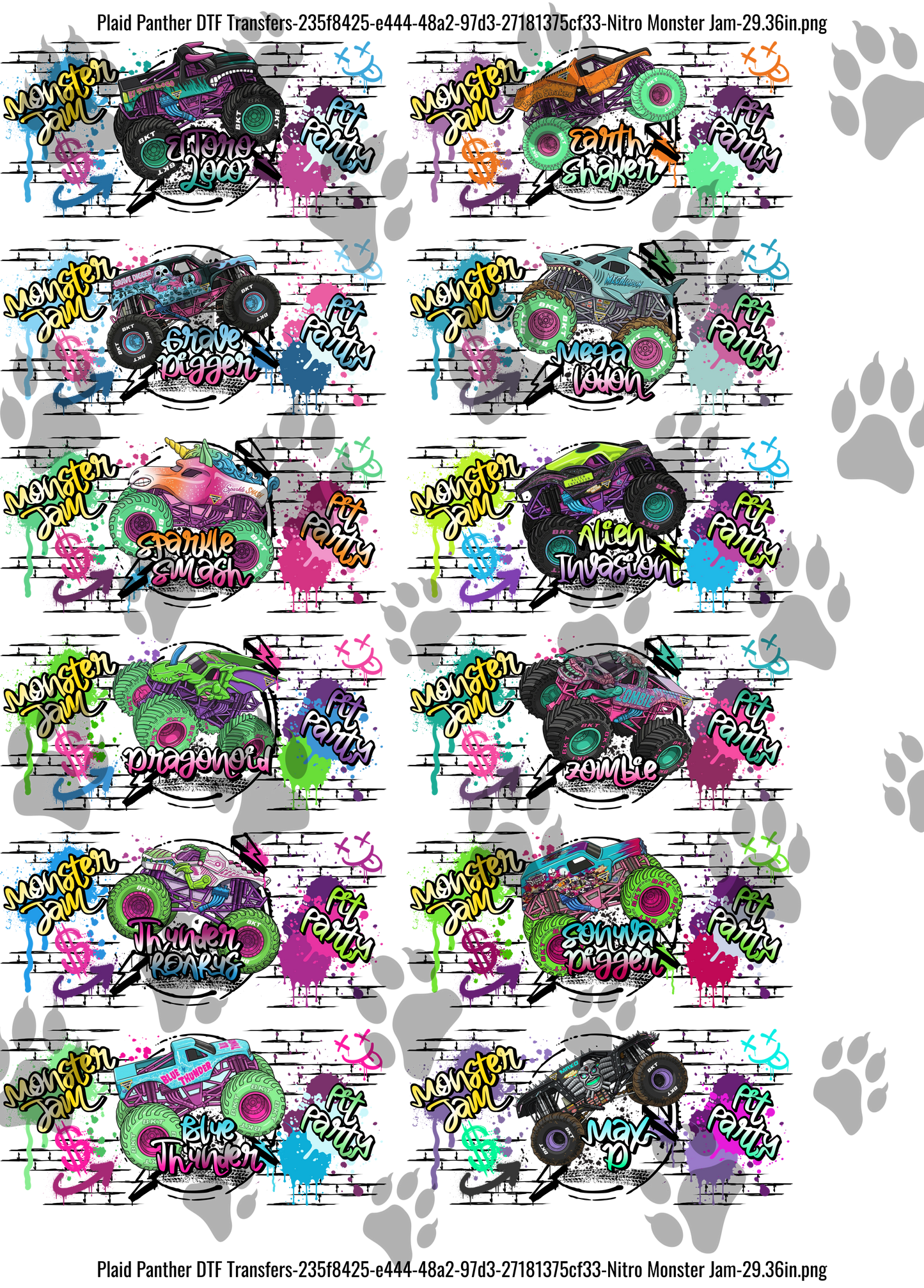 Nitro Monster Jam UVDTF Gangsheet