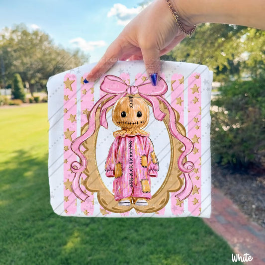 Stitched Pumpkin Doll Pink Bow Frame