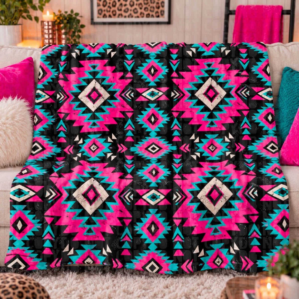 Pink Turquoise Aztec Blanket