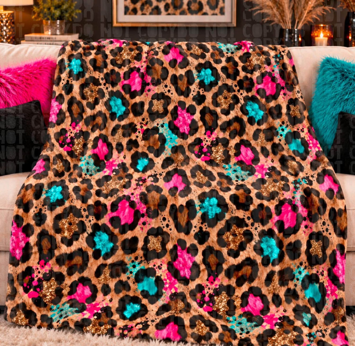 Pink Turquoise Glitter Leopard Blanket