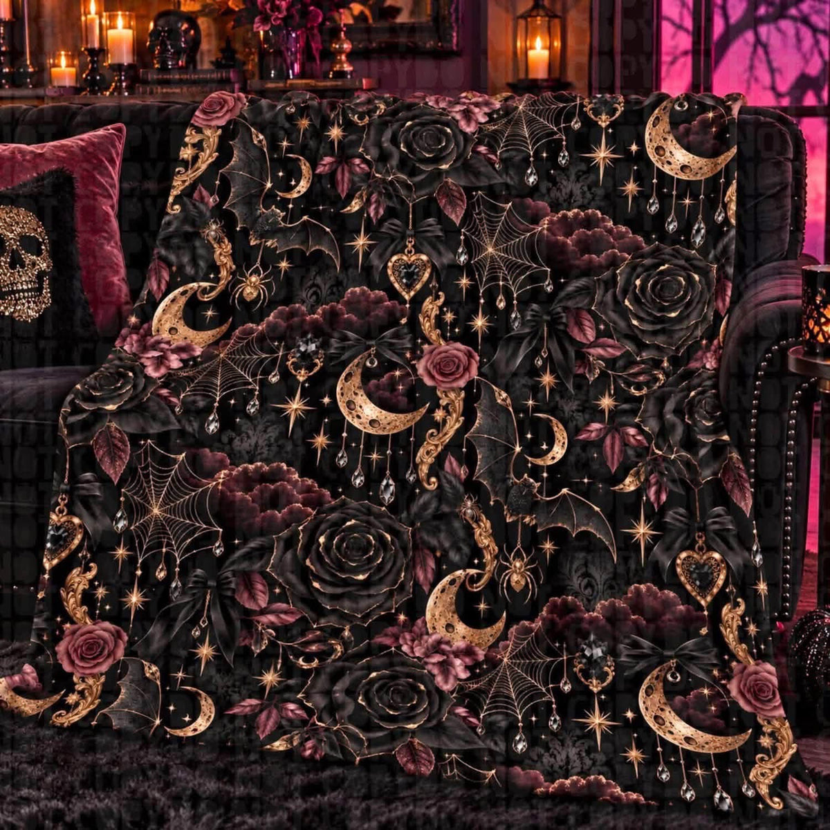 Gothic Moon Rose Bat Blanket