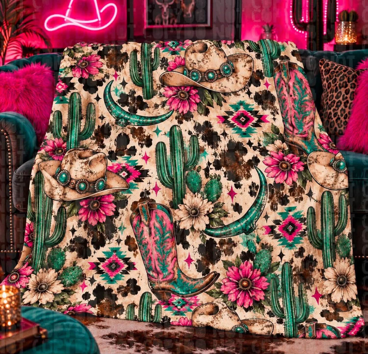 Pink Turquoise Cactus Boots Western Blanket