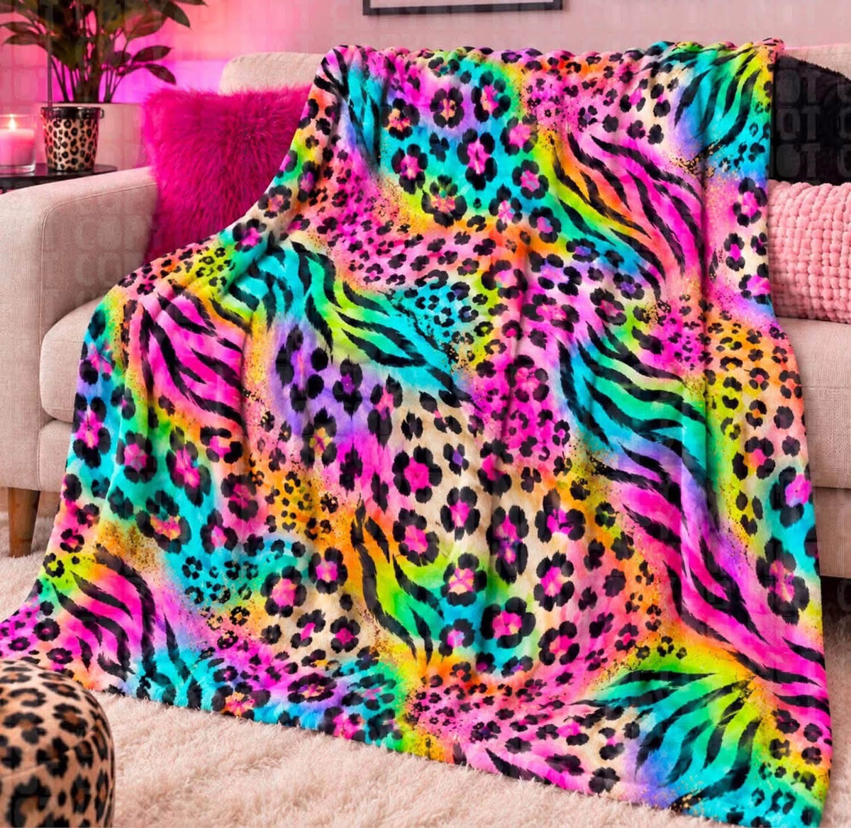 Neon Rainbow Leopard Zebra Blanket