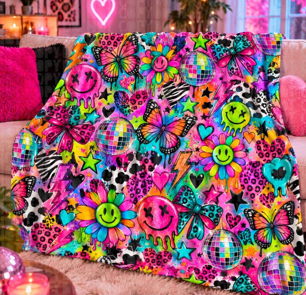 Neon Disco Smiley Butterfly Blanket