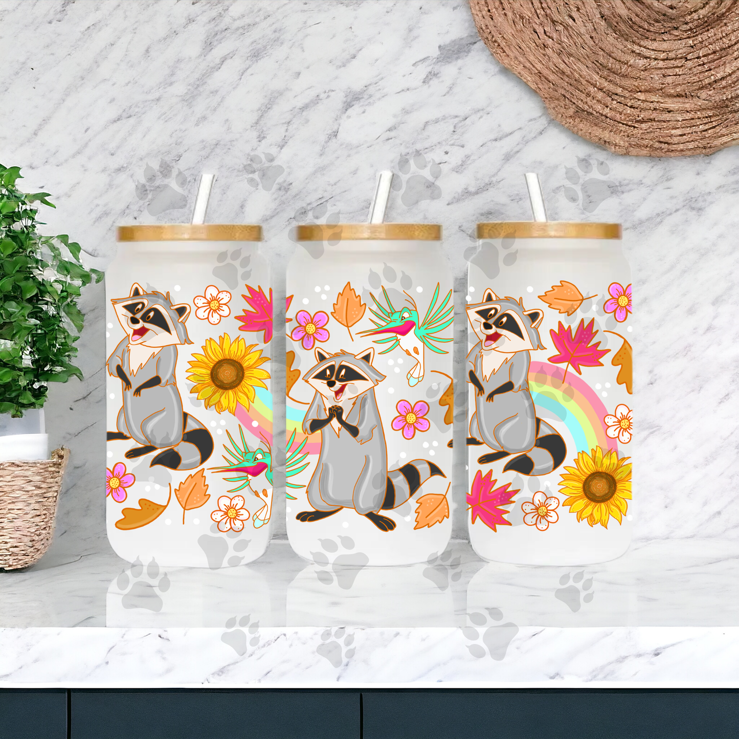 Raccoon Rainbow Sunflower Cup Wrap UV DTF