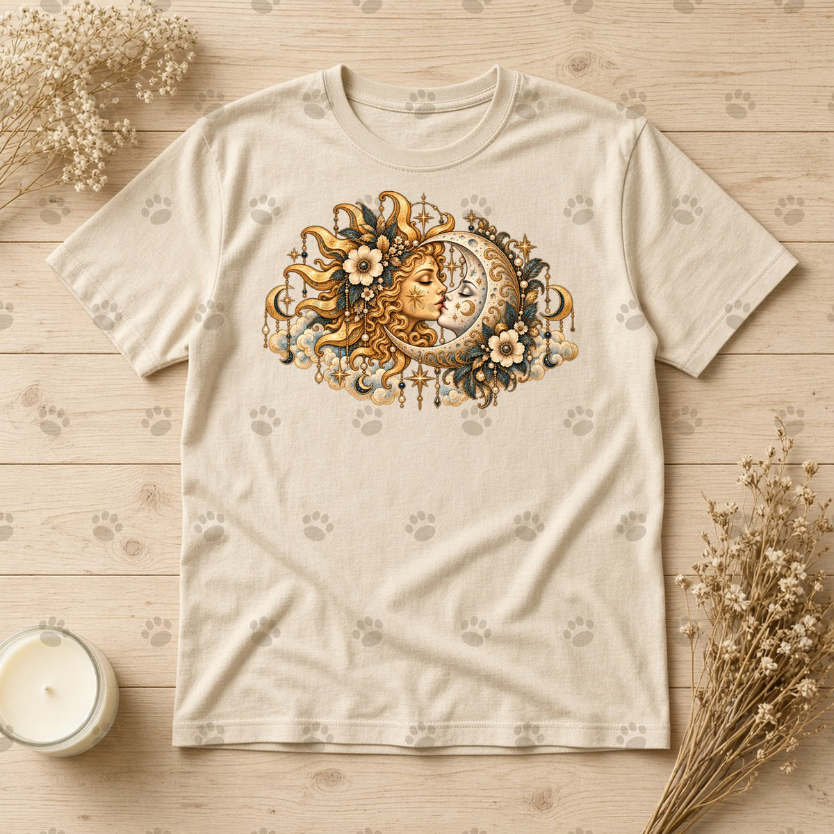 Sun & Moon Kiss Gold Celestial DTF transfer