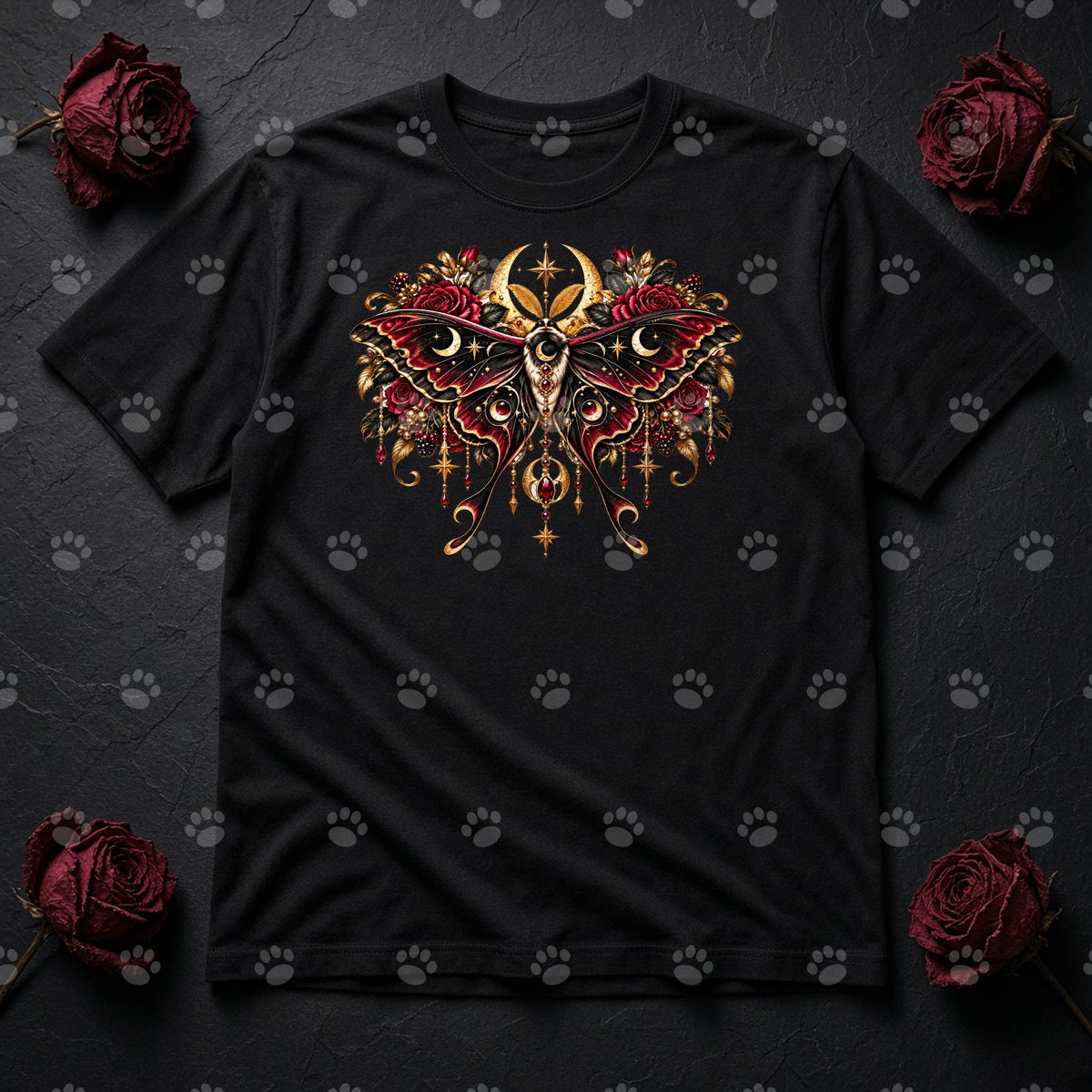 Red Moth & Roses Gothic DTF transfer