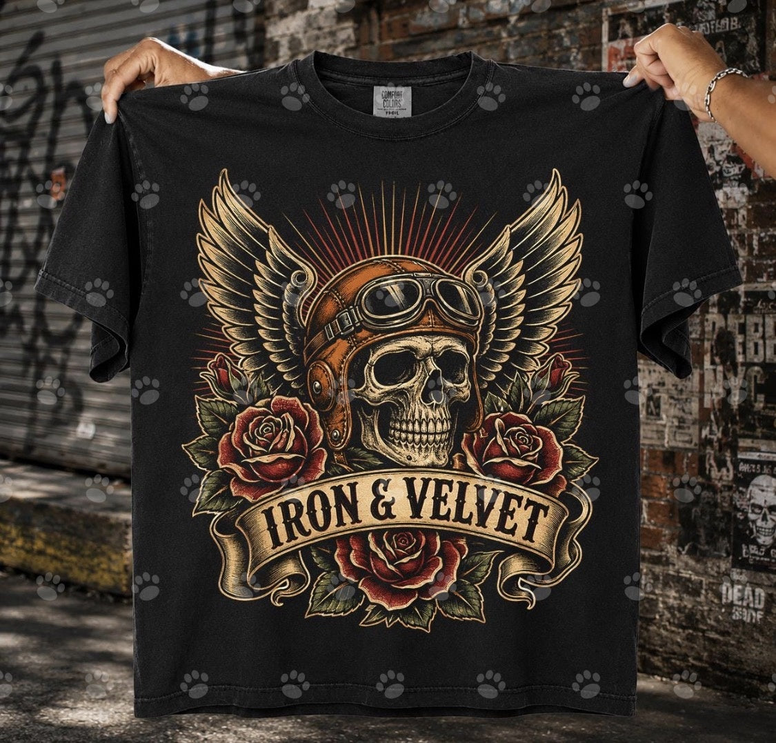 Iron & Velvet Winged Skull Roses DTF transfer