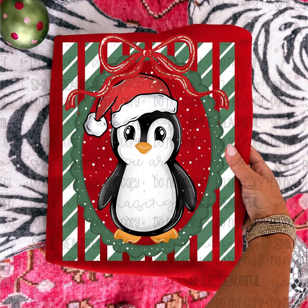 Santa Hat Penguin Green Stripe Bow Frame DTF transfer