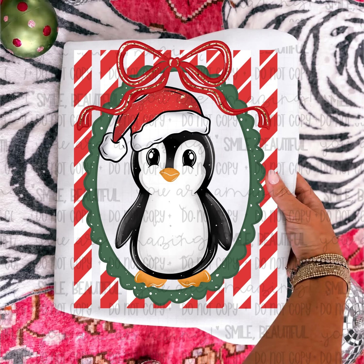Santa Hat Penguin Candy Cane Stripe Bow Frame DTF transfer
