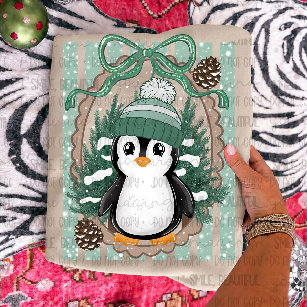 Green Beanie Penguin Pinecones Bow Frame DTF transfer