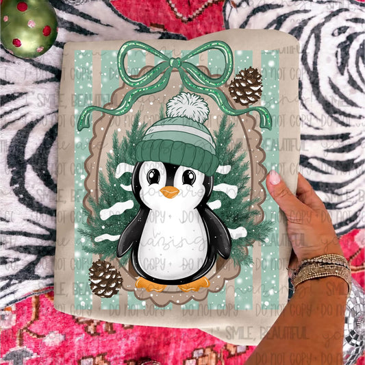 Green Beanie Penguin Pinecones Bow Frame DTF transfer