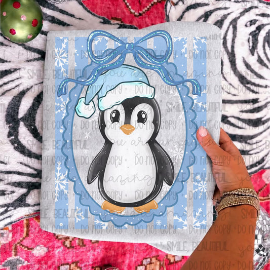 Blue Beanie Penguin Snowflake Bow Frame DTF transfer