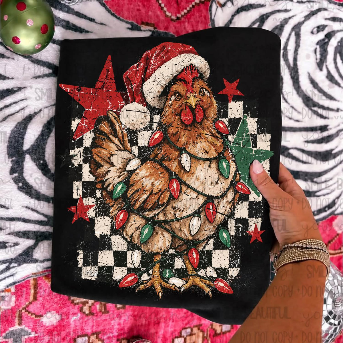 Christmas Chicken Checkered Lights DTF transfer