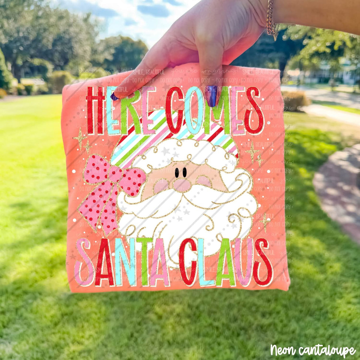 Here Comes Santa Claus pastel Santa with pink bow DTF transfer