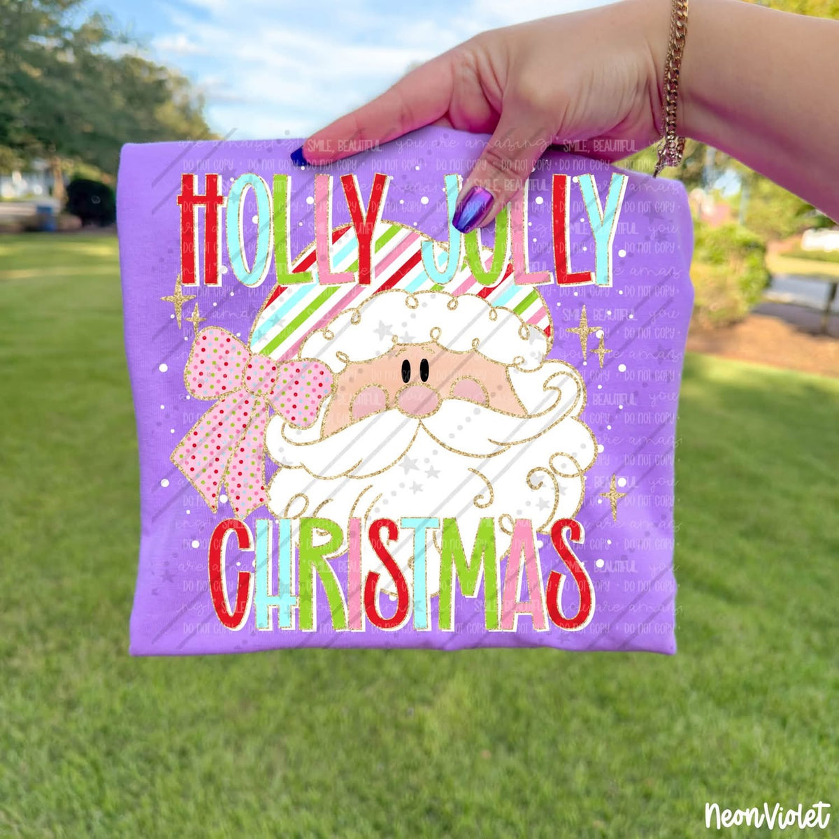 Holly Jolly Christmas pastel Santa with pink bow DTF transfer