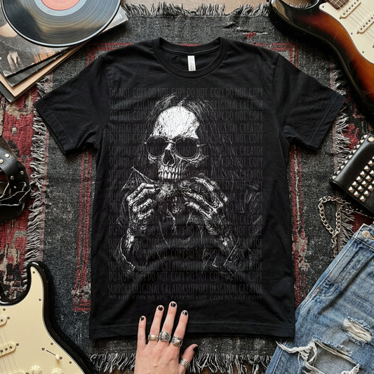 Skeleton with Sunglasses and Bat Blk Tee